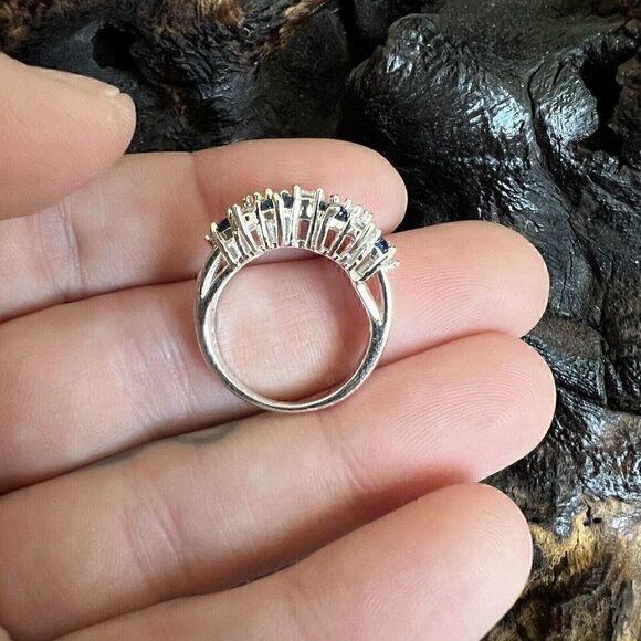 Large Statement Floral Cluster Ring Size 6 Blue Clear Silver Tone Prong Set - Picture 11 of 13